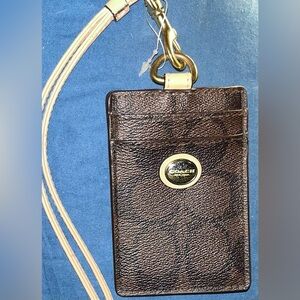 Coach NWOT Dark Brown Signature Card Holder Lanyard with Tan Strap